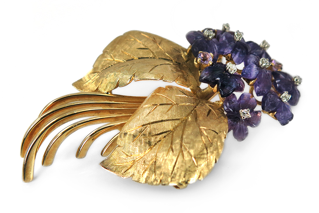 Brosche im floralen Design Brillanten Amethyst 750 Gelbgold [BRORS 12993] Foto 01