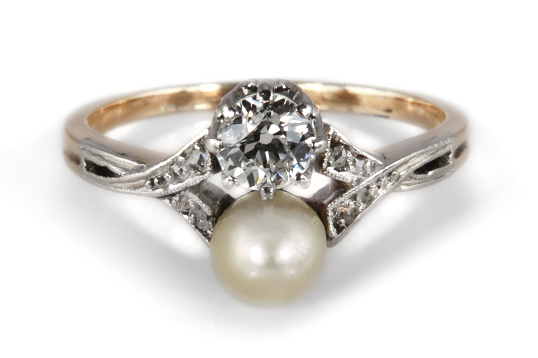 Antikring ca. 1920 mit Akoya Perle Diamanten 585 Roségold Silber [BRORS 14188] Foto 01