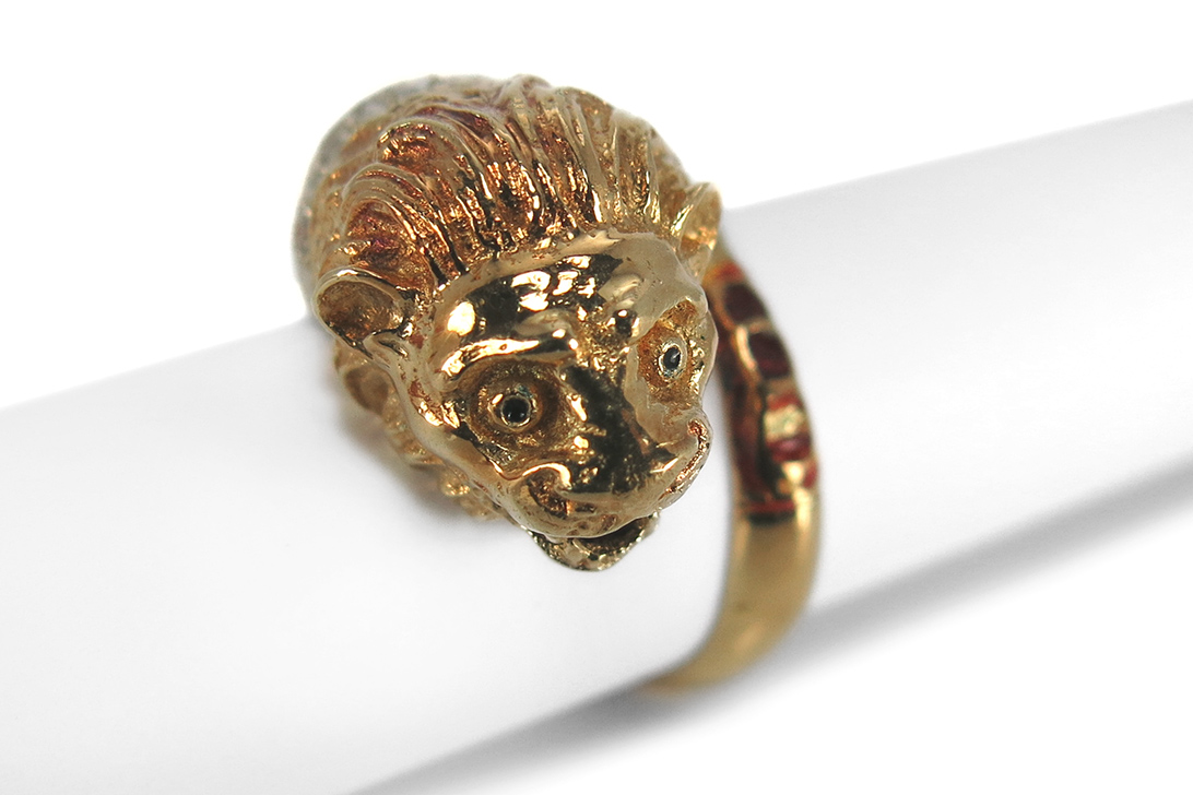 Löwenkopf Ring Diamanten H/si 750 Gelbgold Emaille antik ca 1900 [BRORS 14324] Foto 02
