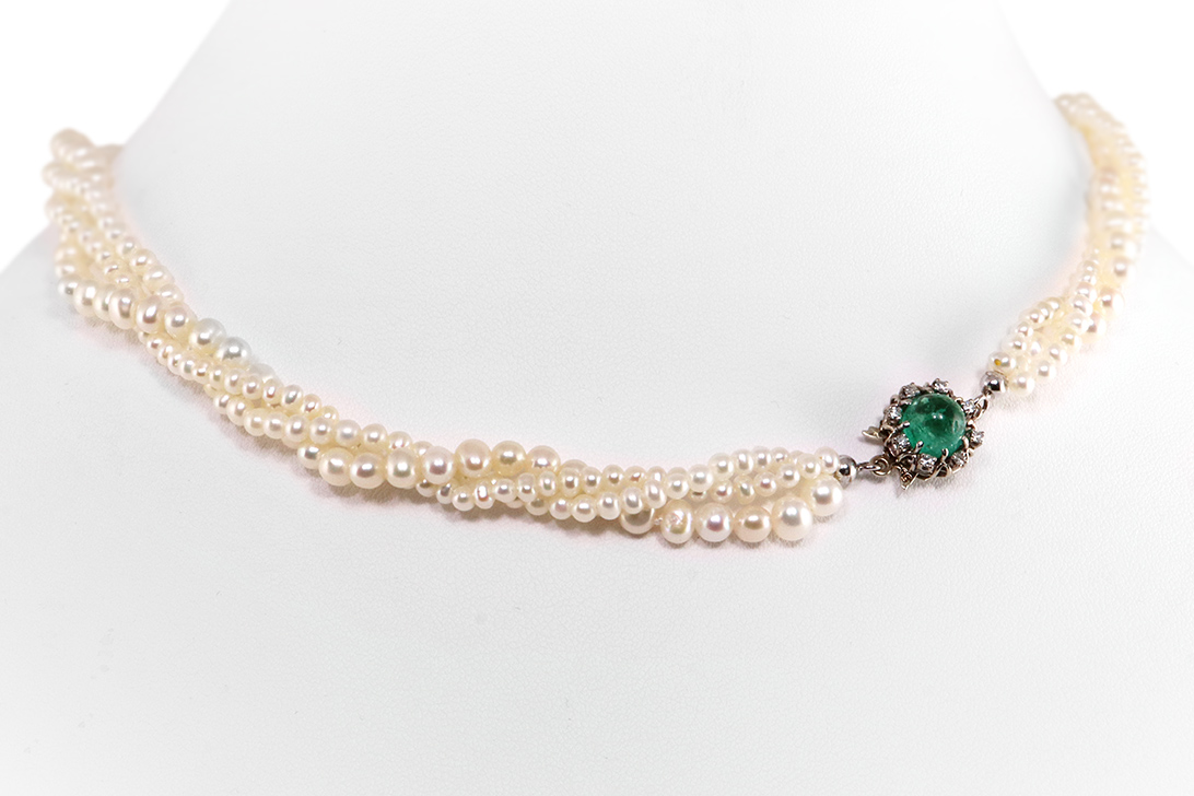 3 reihige Kette Süsswasser Perlen Diamanten Smaragd 585 Weißgold [BRORS 19612] Foto 01